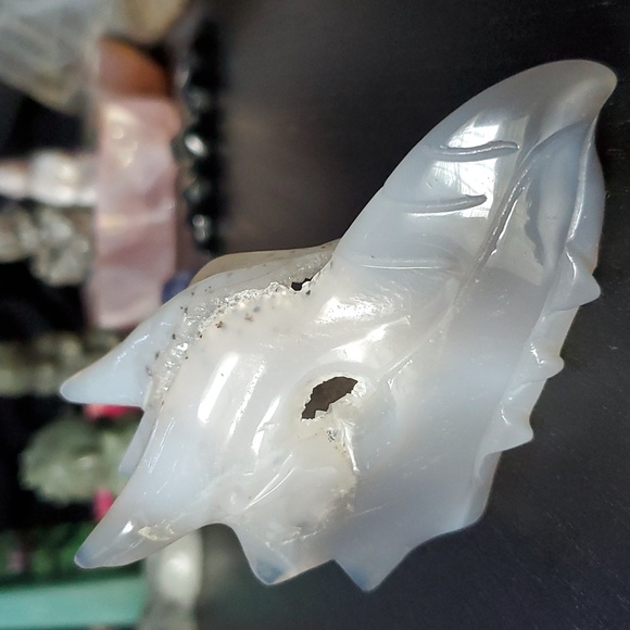 Dendritic blue agate dragon skull with druzy 🐲💀 - Picture 3 of 8